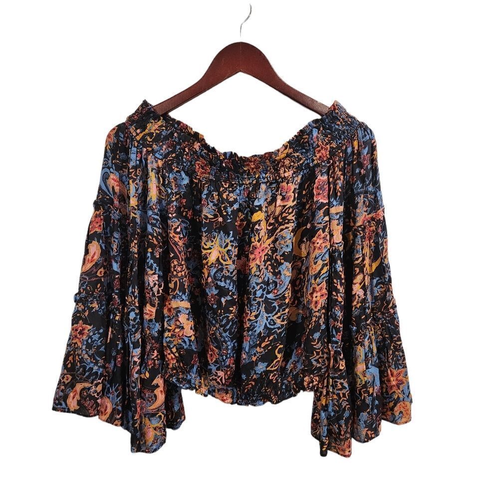 FREE PEOPLE Free Spirit Floral Off Shoulder Top XS Womens Black - Picture 3 of 7